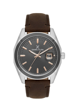 Premium Gent Classic Leather Silver / Brown Gray Dial