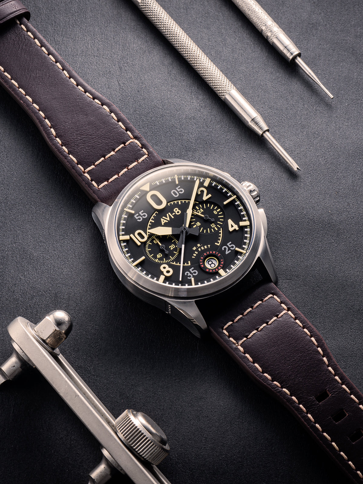Spitfire Lock Chronograph Watch Black / Brown /  Leather | Black Dial