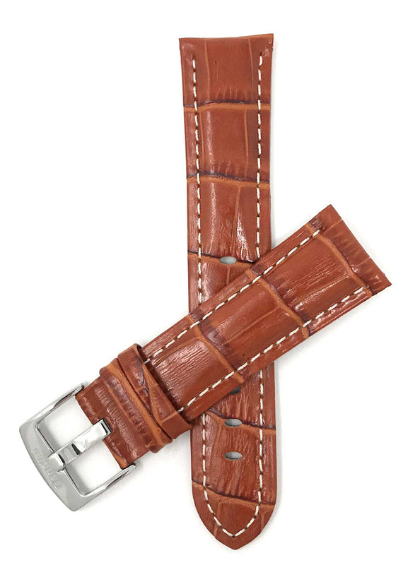 Bandini 30mm Tan Italian Leather Watch Band - Alligator Pattern - White Stitch - Glossy 30mm / Tan / Silver Buckle |  Dial