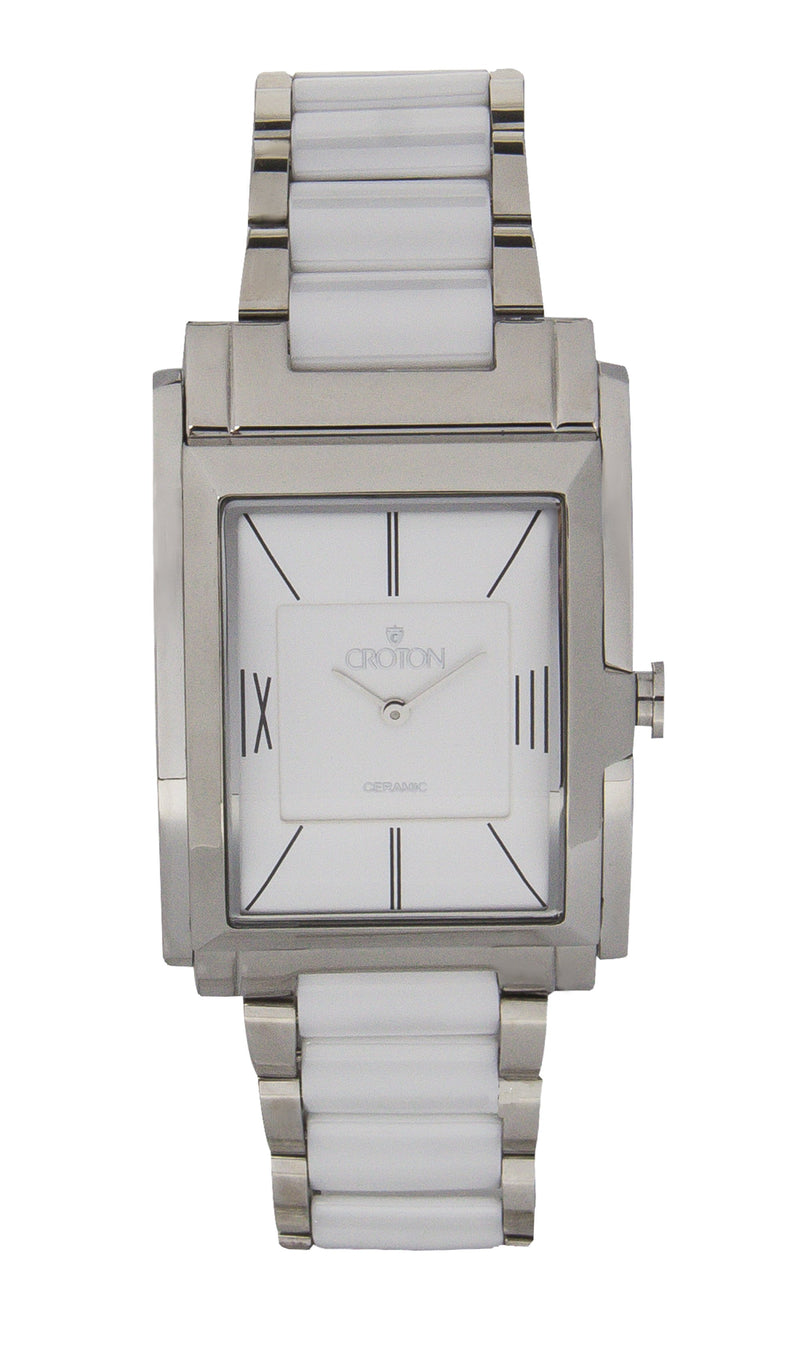 Men's Swiss Quartz White Ceramic & Stainless Steel Rectangular Dress Watch  |  Dial