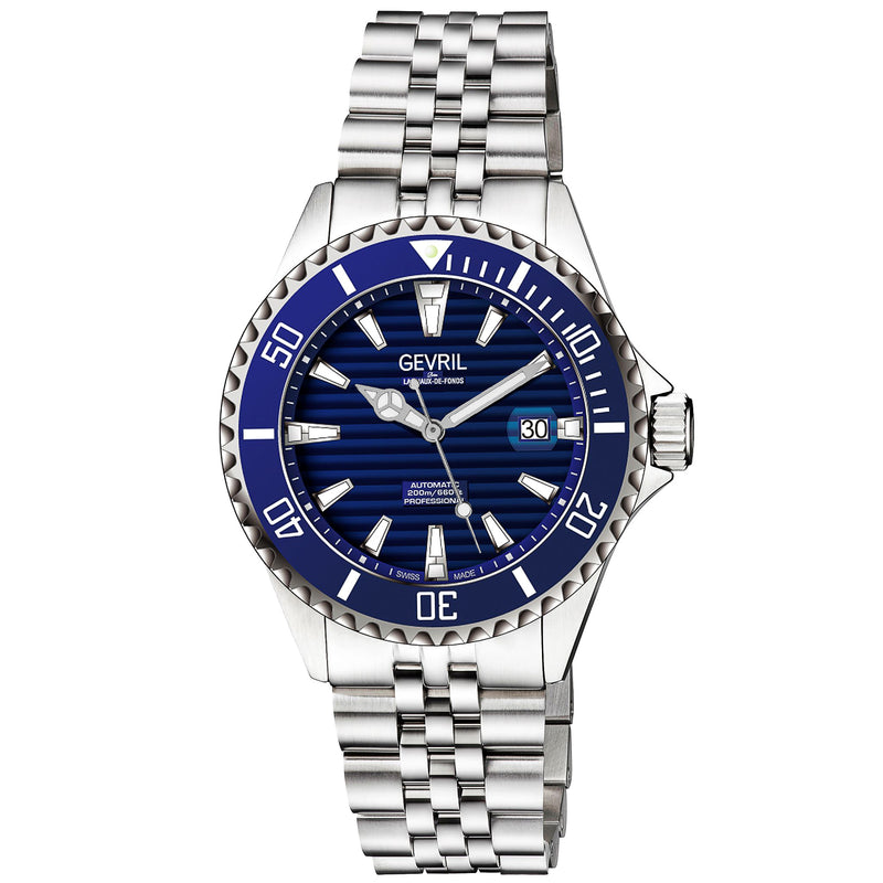 Chambers Gevril Swiss Made Sellita SW200 Ceramic rotation bezel 200 Meter diver watch exhibition caseback blue steel | Blue Dial