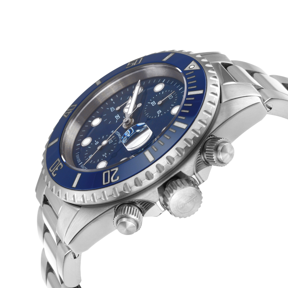 Wall Street Swiss Automatic Chronograph SW500 Blue Ceramic Bezel Divers Watch Steel Blue Dial