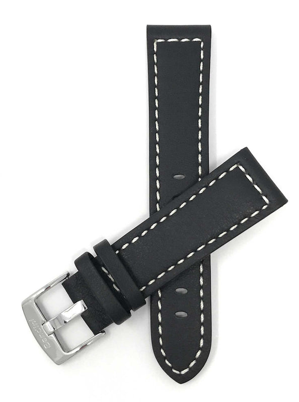 Bandini 28mm Black Italian Leather Watch Band - Racer - White Stitch -  Padded 28mm / Black / Silver Buckle |  Dial