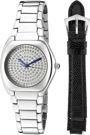 Croton Unisex Silver tone Cushion Case Silvertone Textured Dial Dress Bracelet Watch with Interchangeable Leather Strap