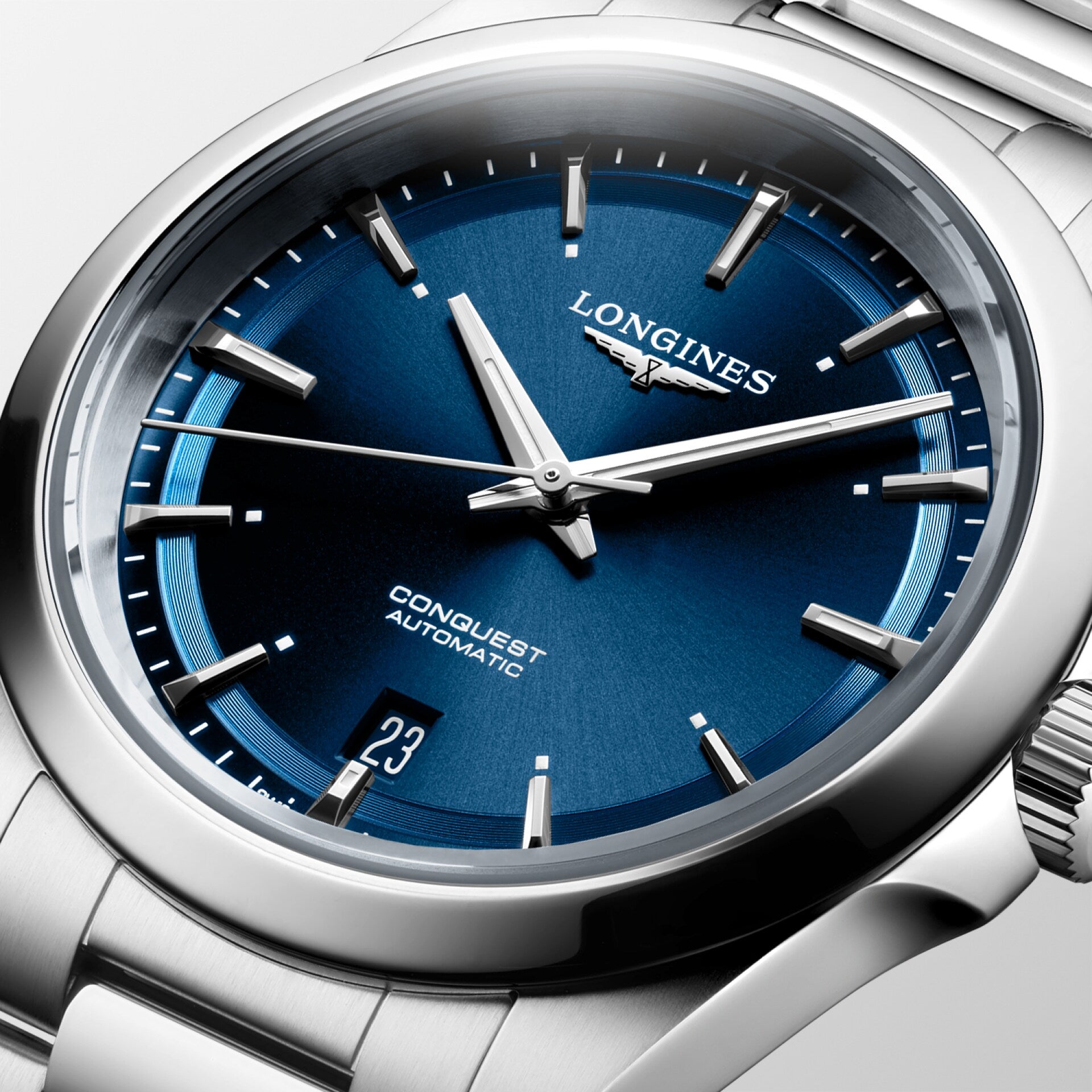 Conquest Silver/Blue Sunray Blue Dial