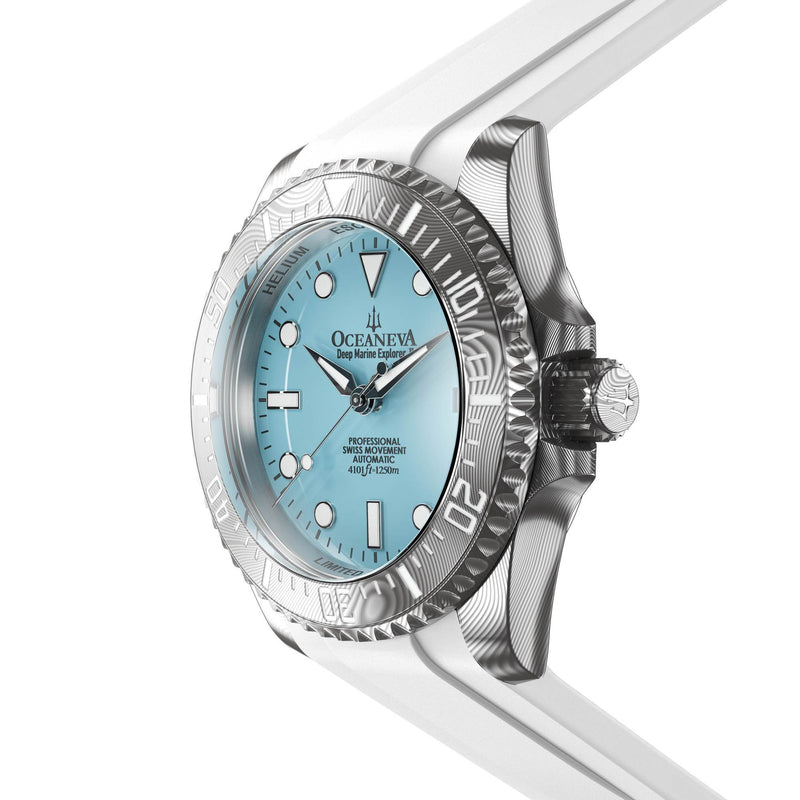 Damascus Swiss Automatic SW200 Deep Marine Explorer II Damascus/Light Blue Dial/White Strap | Light-blue Dial