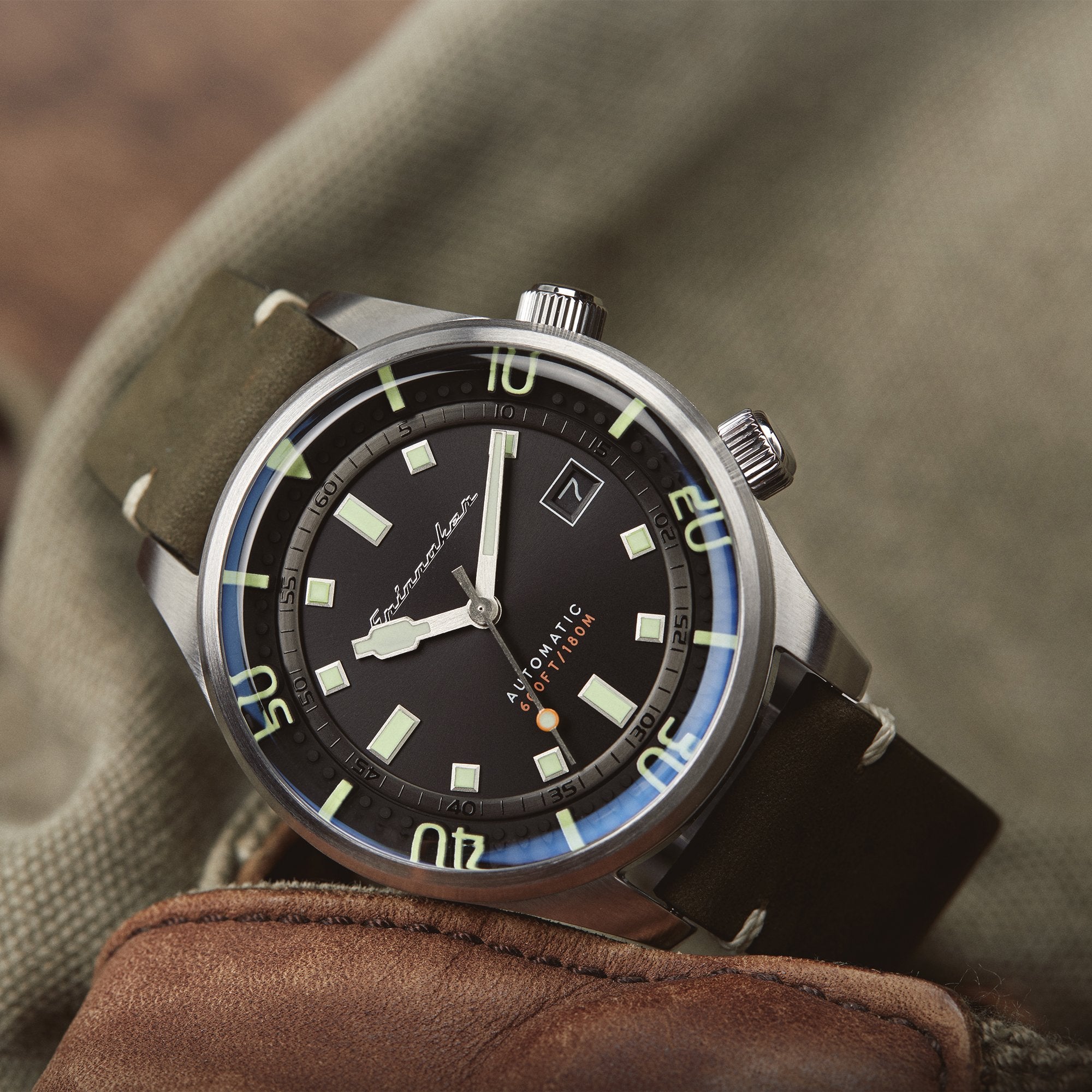 Bradner Black / Green / Leather | Black Dial