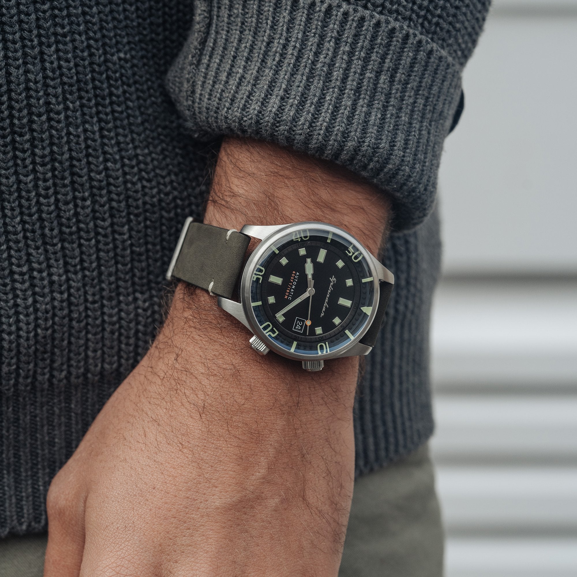 Bradner Black / Green / Leather | Black Dial