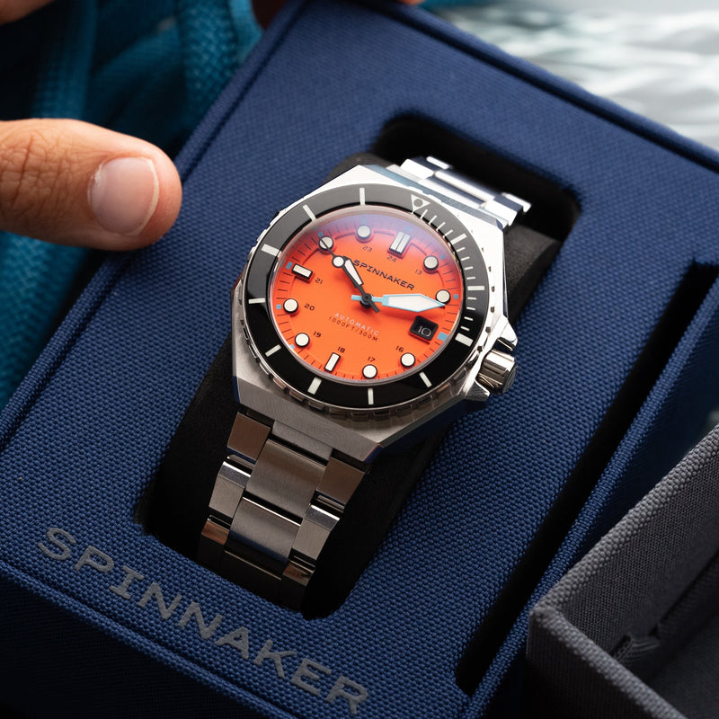 Spinnaker Mens 44mm Dumas Automatic Tangerine 3 Hands Watch with Solid Stainless Steel Bracelet SP-5081-BB Spinnaker Mens 44mm Dumas Automatic Tangerine 3 Hands Watch with Solid Stainless Steel Bracelet SP-5081-BB