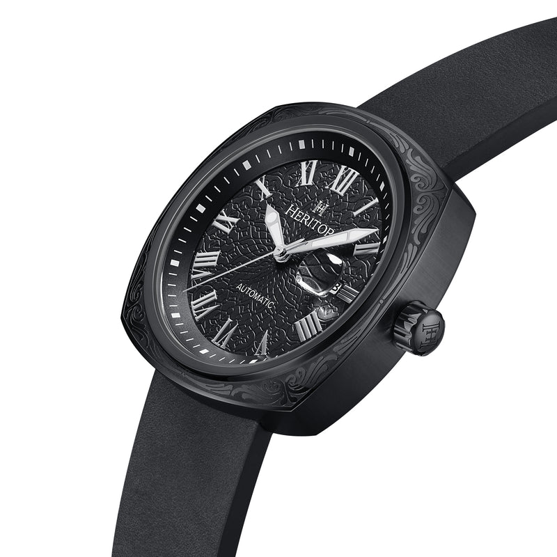 Davenport Engraved-Case Leather-Band Watch w/ Date Black | Black Dial