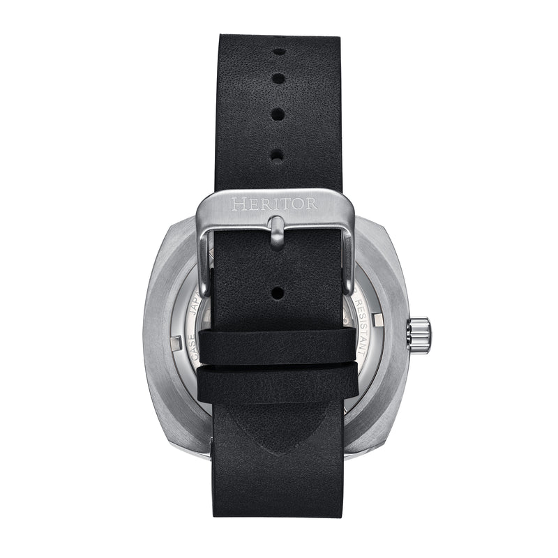 Davenport Engraved-Case Leather-Band Watch w/ Date Silver/Black | Black Dial