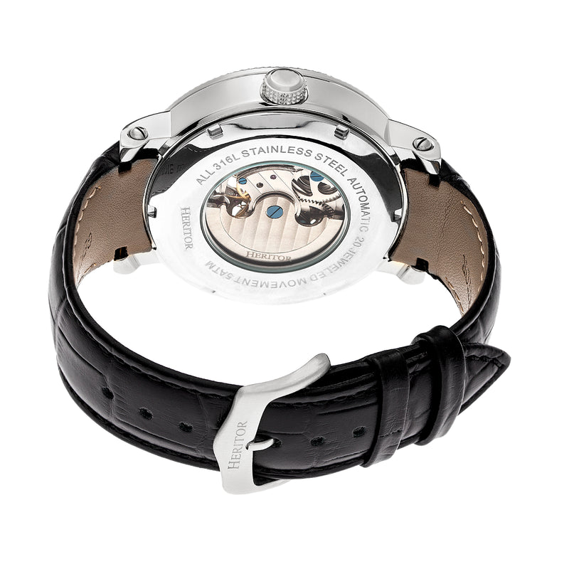 Automatic Aries Skeleton Leather Band Watch Black / White | Silver-white Dial