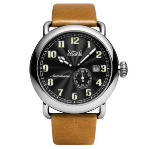 Officer's Classic Round Automatic Steel Case/Black Guilloche Dial/Tan Leather Strap | Black Dial