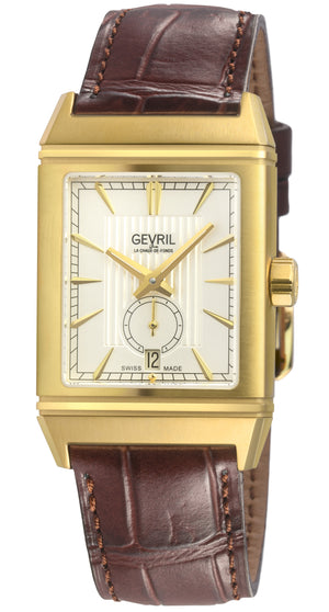 Time Square Gevril Men's Automatic Time Square, White Embossed dial, Brown Handmade Italian Leather Strap | White Dial