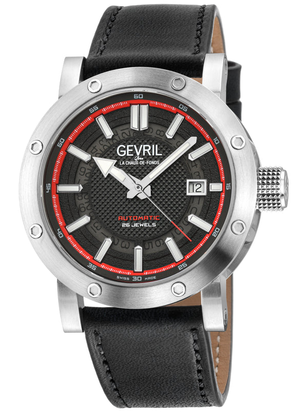 Flat Iron Swiss Made Automatic, 42mm Stainless Steel, Black Dial, Black Italian Leather Strap | Black/Red Dial