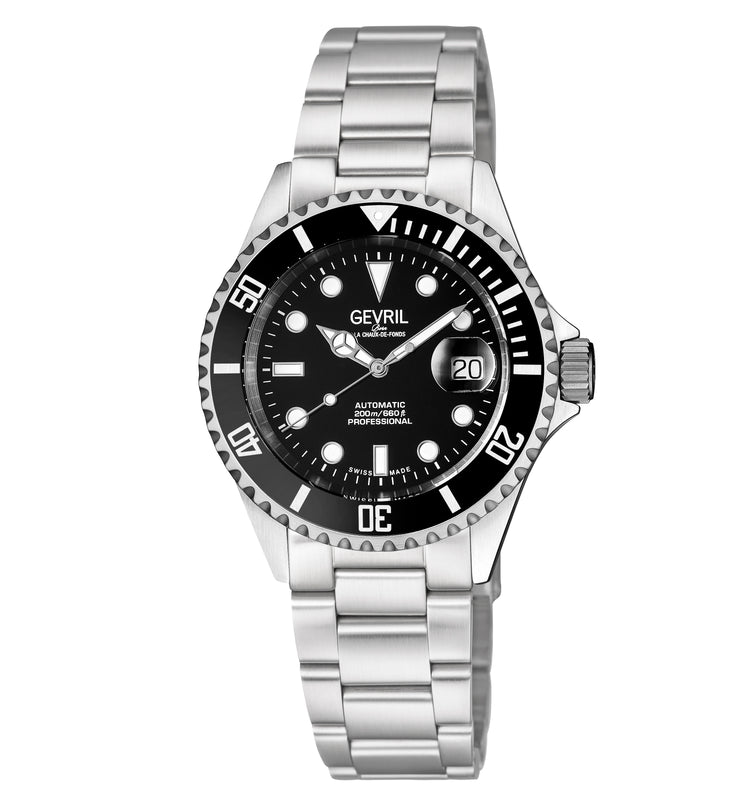 Wall Street Gevril Swiss Made SW200 Steel Rotating Bezel , 316L case, Black Dial | Black Dial