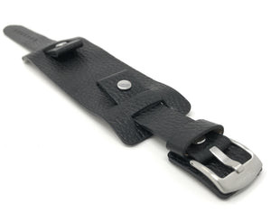 425 | 22mm Black Mens Leather Band Wrist Cuff, Rectangular Bund Strap 22mm / Black / Silver Buckle