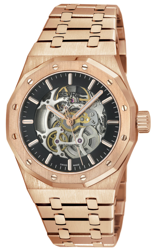 Gotham -Skeleton Swiss Automatic Movement, Skeleton Dial, Rose 316L Stainless Steel IPRG Bracelet | Skeleton Dial