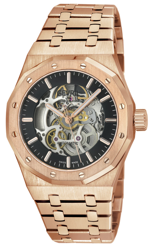 Gotham -Skeleton Swiss Automatic Movement, Skeleton Dial, Rose 316L Stainless Steel IPRG Bracelet | Skeleton Dial