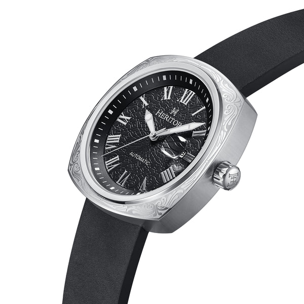 Davenport Engraved-Case Leather-Band Watch w/ Date Silver/Black | Black Dial