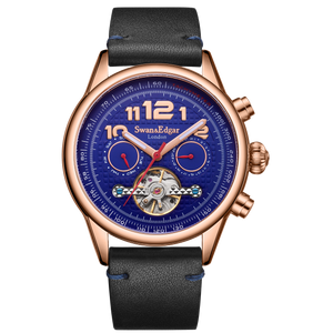 Hasten Automatic Blue Open Exhibition Dial Blue Leather Strap Rose Gold Case 45mm Blue Dial