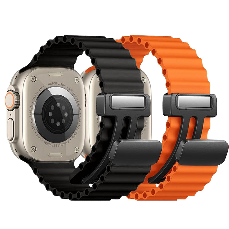 2 Pack - Magnetic Clasp Silicone Ocean Ripple Band for Apple Watch Ultra & Series 9/8/7/6 Black and Orange - 41mm/40mm/38mm |  Dial