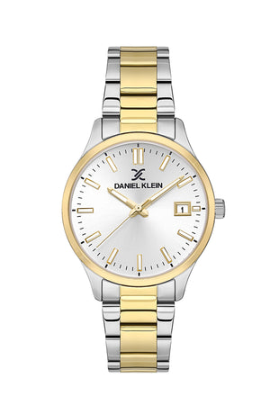 34mm Round Womens Metal Watch, Date - DK13612 Silver and Gold Black Dial