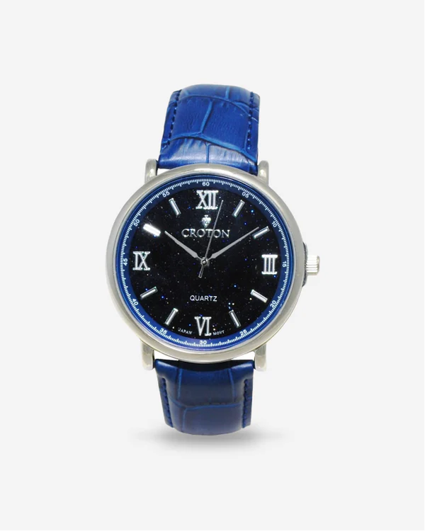 Men's Stainless Steel Quartz Watch with Rust Goldstone Glass Dial & Leather Strap