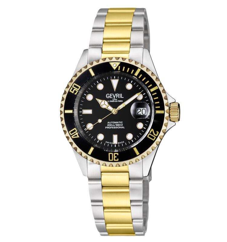 Wall Street Gevril Swiss Made SW200 Steel Rotating Bezel watch, Two toned Gold bezel, Black dial | Black Dial