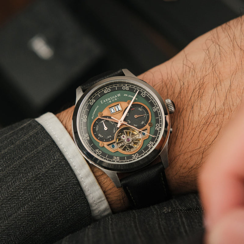 Baron Grand Date Calendar Open Heart Automatic Green / Black Leather | Green Dial