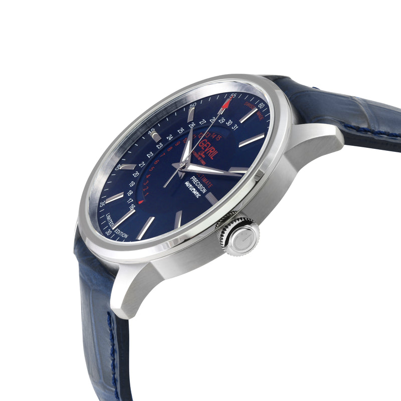 Guggenheim Gevril Men's Guggenheim Automatic 316L Stainless Steel Blue Dial, Genuine Italian Handmade Blue Leather with blue Stitching Strap. | Blue Dial