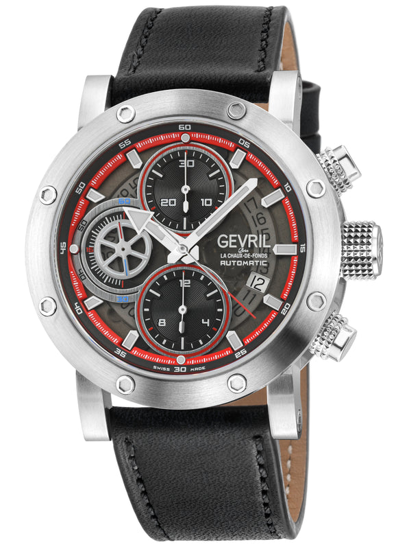 Flat Iron - Chronograph Swiss Made Automatic Chronograph, 42mm Stainless Steel, Black Dial, Black Italian Leather Strap | Black/Red Dial