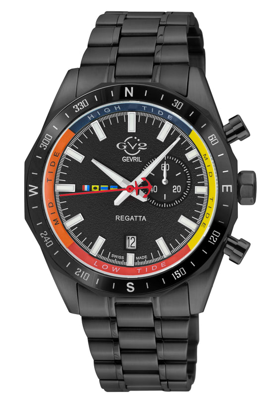 Regatta GV2 Swiss Quartz,Tide cycle indicator, Black dial, IPBLK Stainless Steel Bracelet | Black Dial