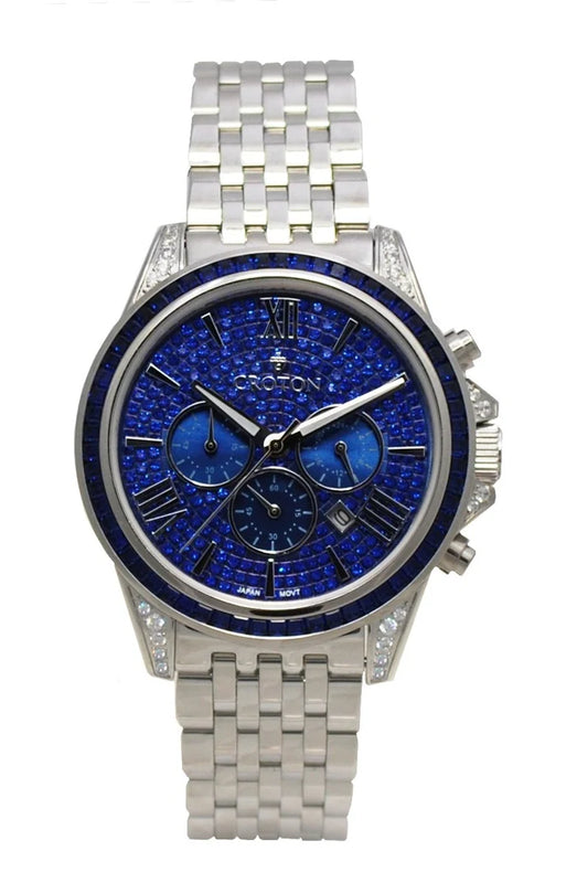 Men's Silvertone All Stainless Steel Chronograph with Blue Set Crystal Dial & Bezel  |  Dial