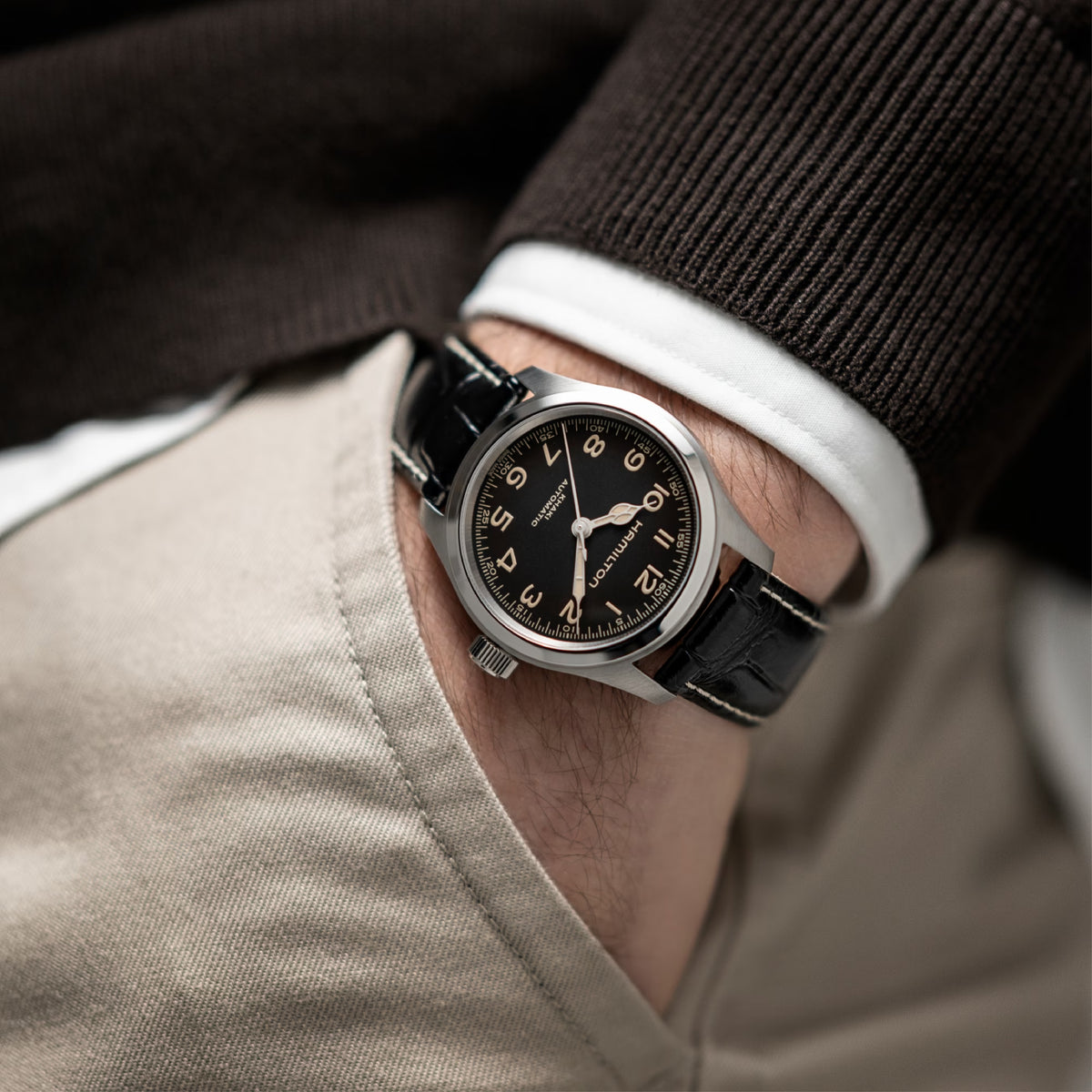 Khaki Field Black / Leather Black Dial
