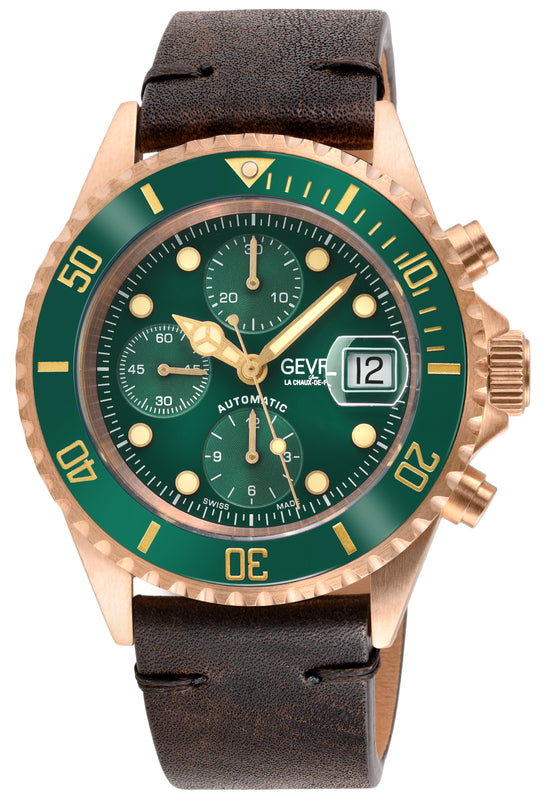 Wall Street - Bronze Gevril Swiss Automatic, Bronze case, Unidirectional Rotating Blue Ceramic Bezel, Midnight Blue Dial | Green Dial