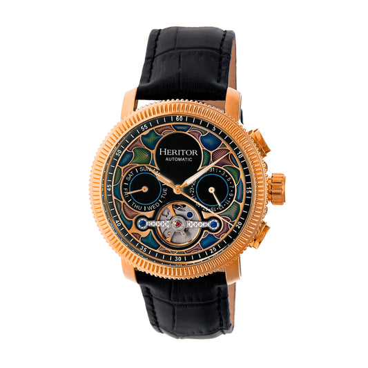 Aura Semi-Skeleton Genuine Leather-Band Watch Rose Gold/Black | Multi-colored Dial