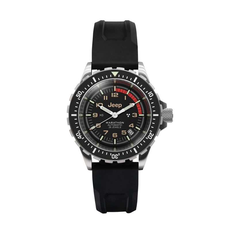 41mm JEEP RUBICON GSAR, SS, COL: SS/BKSS 3PC RUBBER JEEP GSAR ON BLACK 3PC RUBBER STRAP | Black Dial