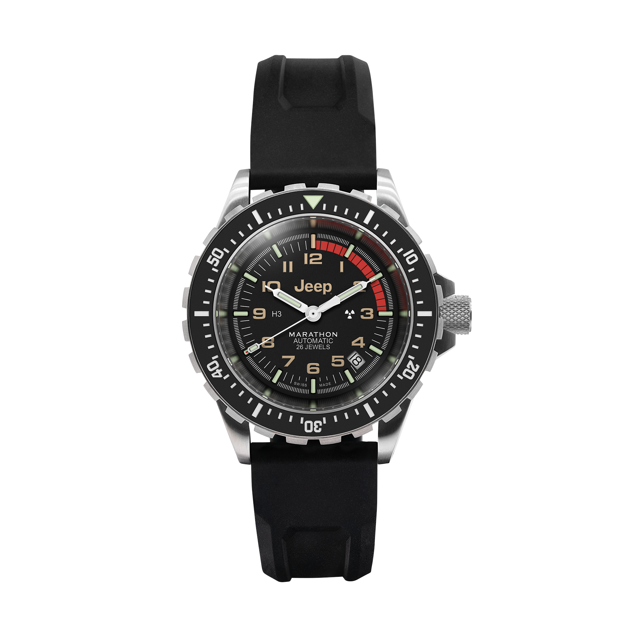 41mm JEEP RUBICON GSAR, SS, COL: SS/BKSS 3PC RUBBER JEEP GSAR ON BLACK 3PC RUBBER STRAP | Black Dial
