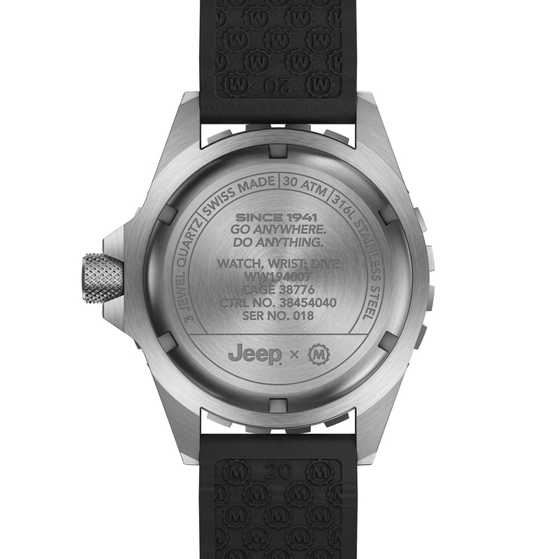41mm JEEP RUBICON TSAR, SS, COL: SS/BKSS 3PC RUBBER JEEP TSAR ON BLACK 3PC RUBBER STRAP | Black Dial