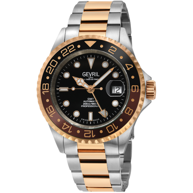 Wall Street Gevril Swiss Made SW330 Steel Rotating Bezel watch, Two ton IPRG, Rose Gold bezel, Black dial | Black Dial