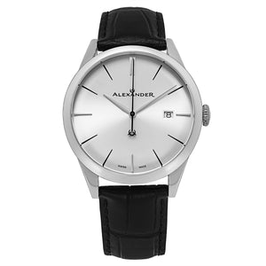 Sophisticate A911 Stainless Steel Case on Black Embossed Genuine Leather Strap, Silver-sunburst Dial