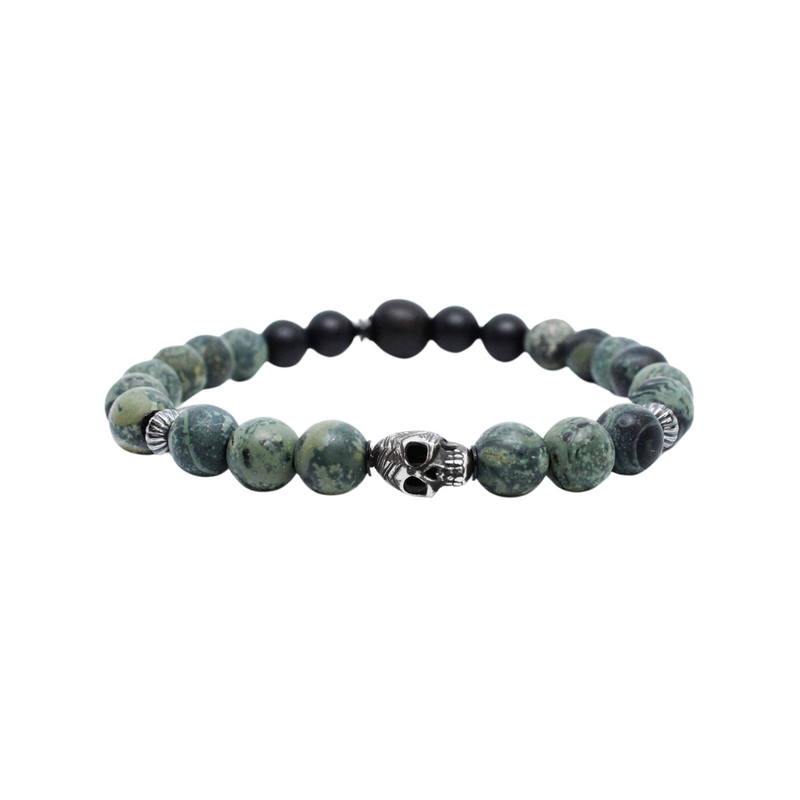 Etched sterling skull, green kambaba jasper M (7.25" Wrist) |  Dial
