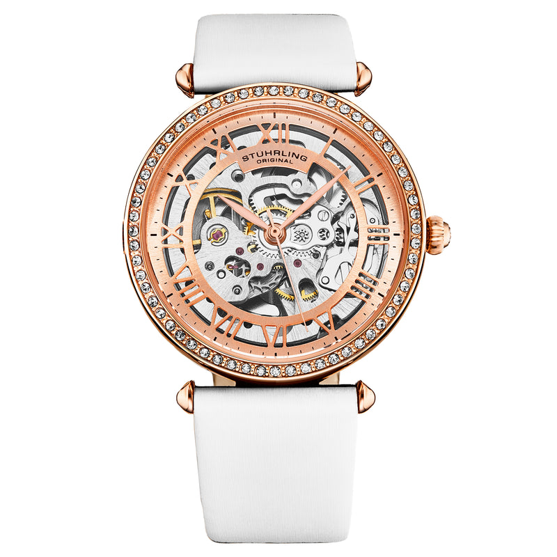Luxe Automatic Skeleton White/Leather | Rose Dial