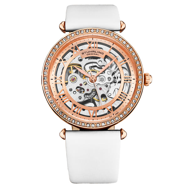 Luxe Automatic Skeleton White/Leather | Rose Dial