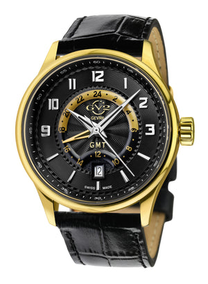 Giromondo GV2 by Gevril Swiss Made GMT  Gold Watch Black Leather Strap | Black Dial
