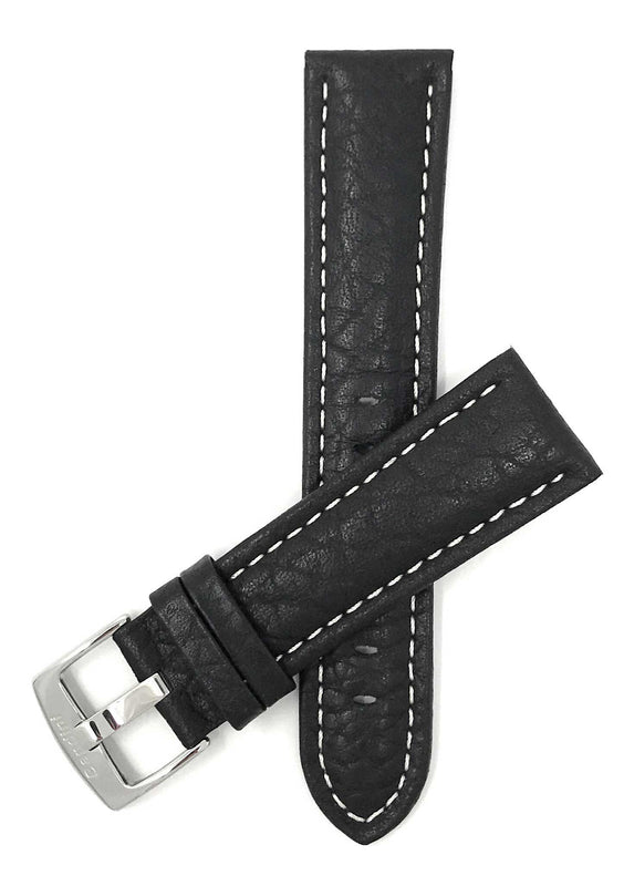 Bandini 30mm Extra long - Black Italian Leather Watch Band - Buffalo Pattern - Padded 30mm Extra long / Black / Silver Buckle |  Dial