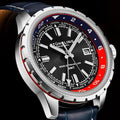 Global Voyager GMT 42mm World Timer Watch Blue/Leather | Black Dial