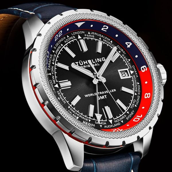 Global Voyager GMT 42mm World Timer Watch Blue/Leather | Black Dial