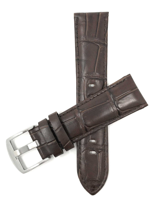 Bandini 24mm Brown Italian Leather Watch Band - Crocodile Pattern - Semi-Padded 24mm / Brown / Silver Buckle |  Dial